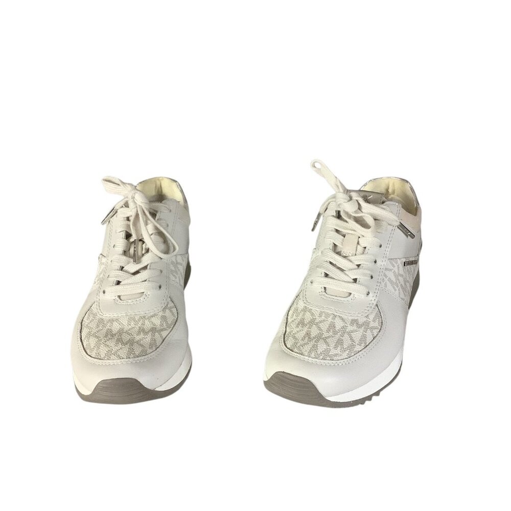 Michael Kors Womens Allie Lace‎ Up Trainers 7M Beige & Metallic MK Monogram